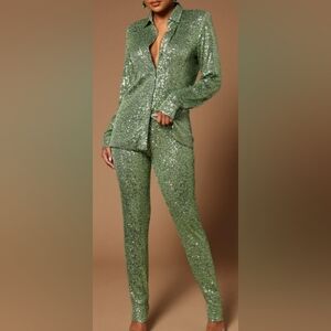 Fashion Nova Green Sequin Pant Set Women's Size XS